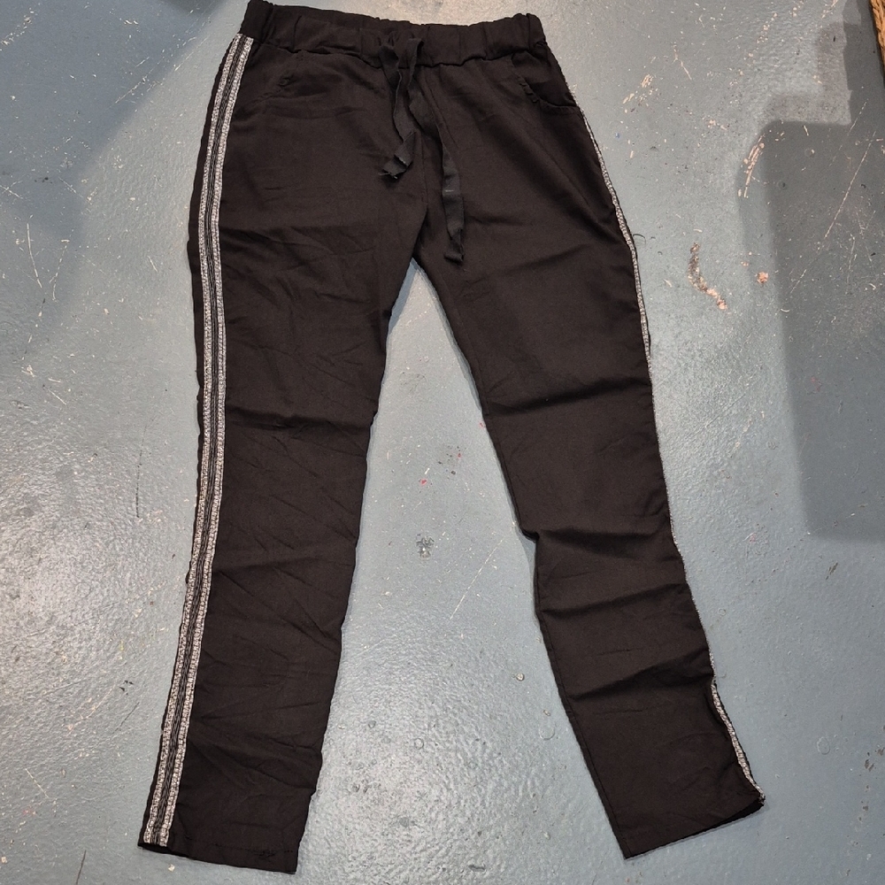 Black Straight Leg Pants with Elastic Waistband and Side Stripes (Italian Jogger